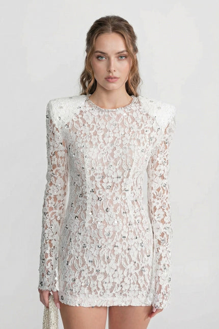 Pénélope - Structured Shoulder Sequin Lace Mini Dress
