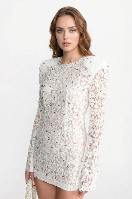 Pénélope - Structured Shoulder Sequin Lace Mini Dress