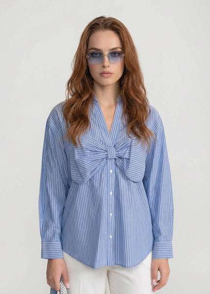 Rina - Striped Cotton Shirt with Dramatic Oversized Bow Detail