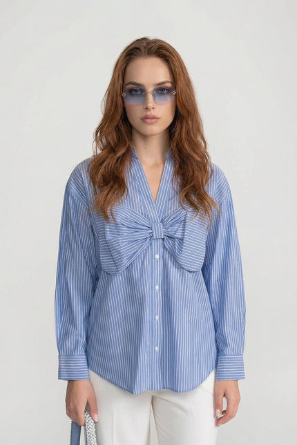 Rina - Striped Cotton Shirt with Dramatic Oversized Bow Detail