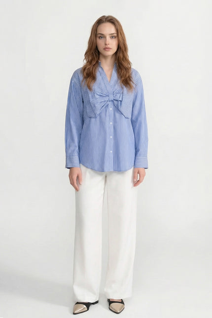 Rina - Striped Cotton Shirt with Dramatic Oversized Bow Detail