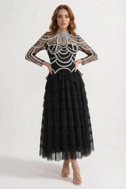 Rosa - Layered Ruffle Long Sleeve Dress with Sparkling Detail