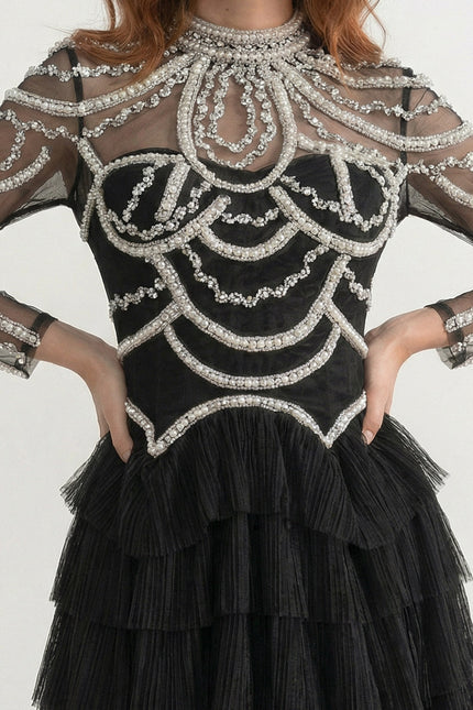 Rosa - Layered Ruffle Long Sleeve Dress with Sparkling Detail