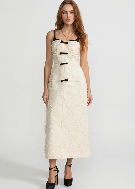 Ruby - Textured Tweed Midi Dress with Bow & Contrast Strap Design