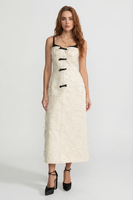 Ruby - Textured Tweed Midi Dress with Bow & Contrast Strap Design