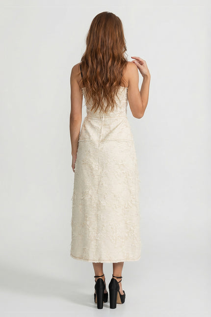Ruby - Textured Tweed Midi Dress with Bow & Contrast Strap Design