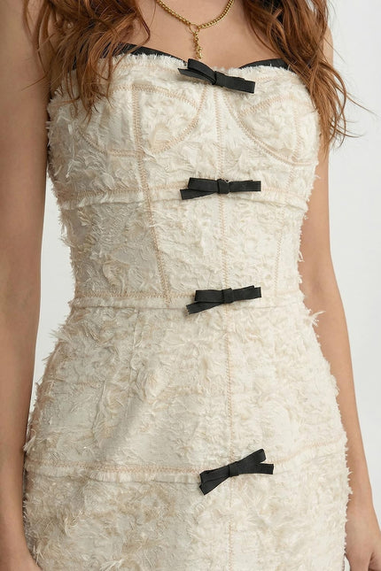Ruby - Textured Tweed Midi Dress with Bow & Contrast Strap Design
