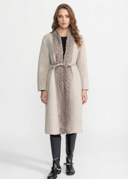 Séverine - Wool Blend Belted Coat with Textured Sable Fur Panel