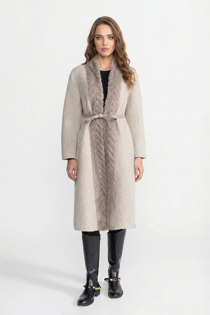 Séverine - Wool Blend Belted Coat with Textured Sable Fur Panel