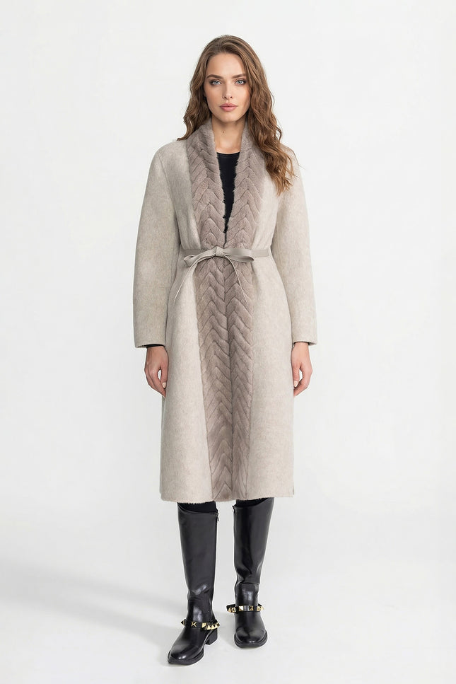 Séverine - Wool Blend Belted Coat with Textured Sable Fur Panel