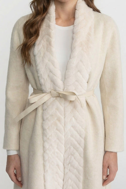 Séverine - Wool Blend Belted Coat with Textured Sable Fur Panel