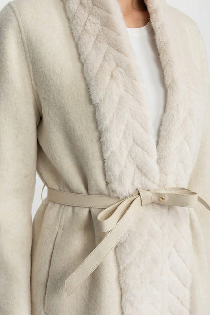 Séverine - Wool Blend Belted Coat with Textured Sable Fur Panel