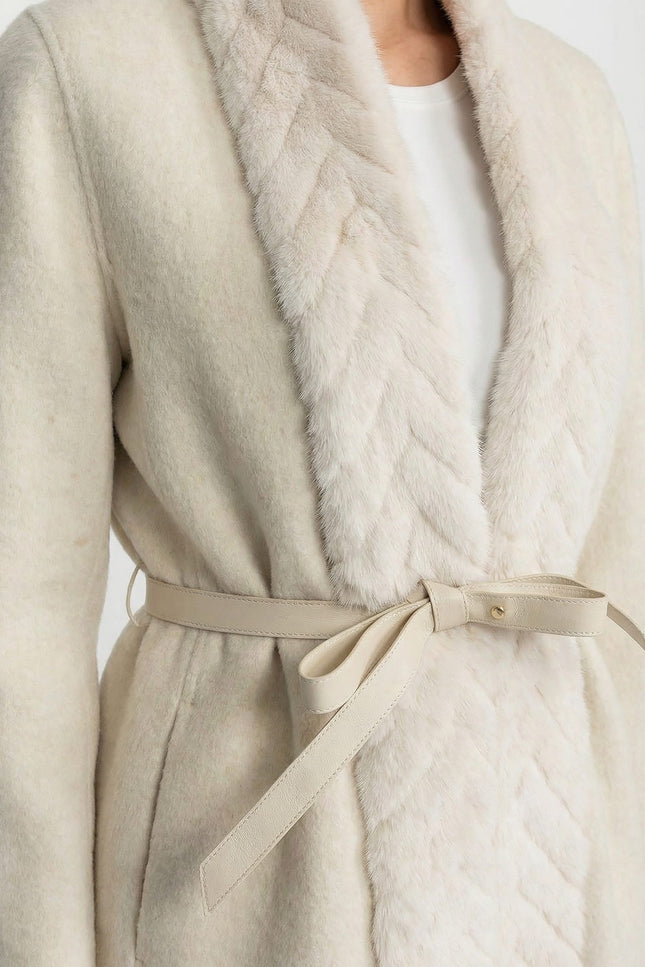 Séverine - Wool Blend Belted Coat with Textured Sable Fur Panel