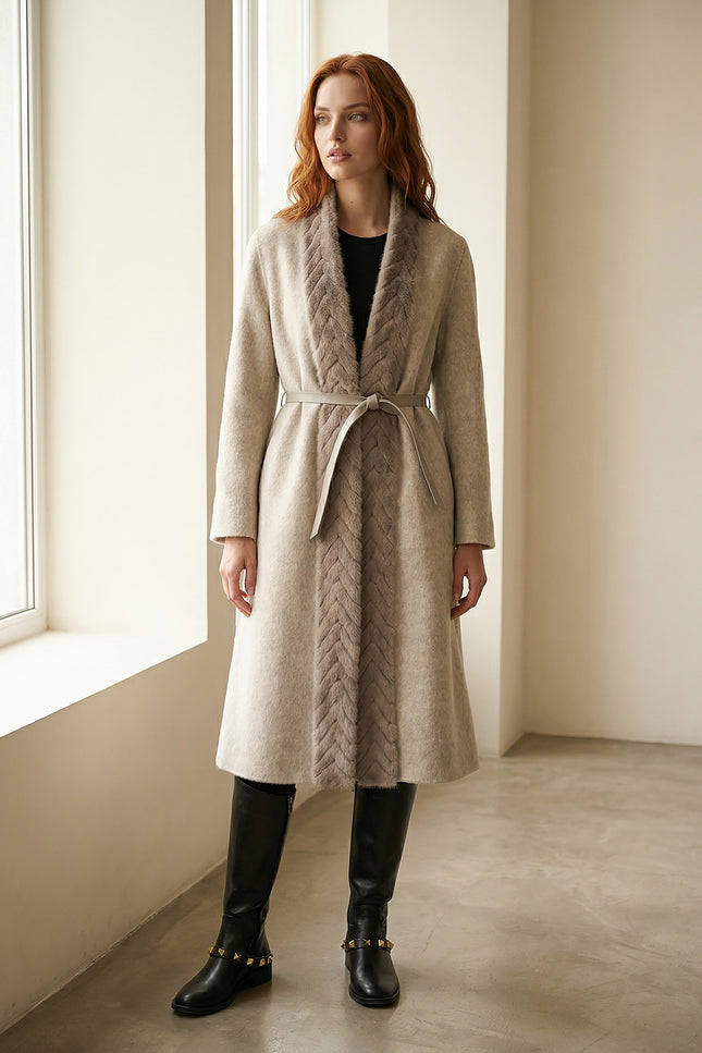 Séverine - Wool Blend Belted Coat with Textured Sable Fur Panel