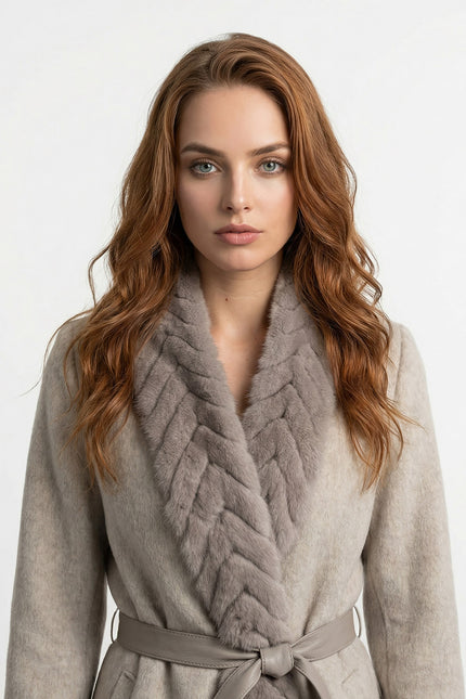 Séverine - Wool Blend Belted Coat with Textured Sable Fur Panel