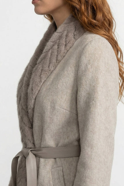 Séverine - Wool Blend Belted Coat with Textured Sable Fur Panel