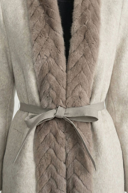 Séverine - Wool Blend Belted Coat with Textured Sable Fur Panel