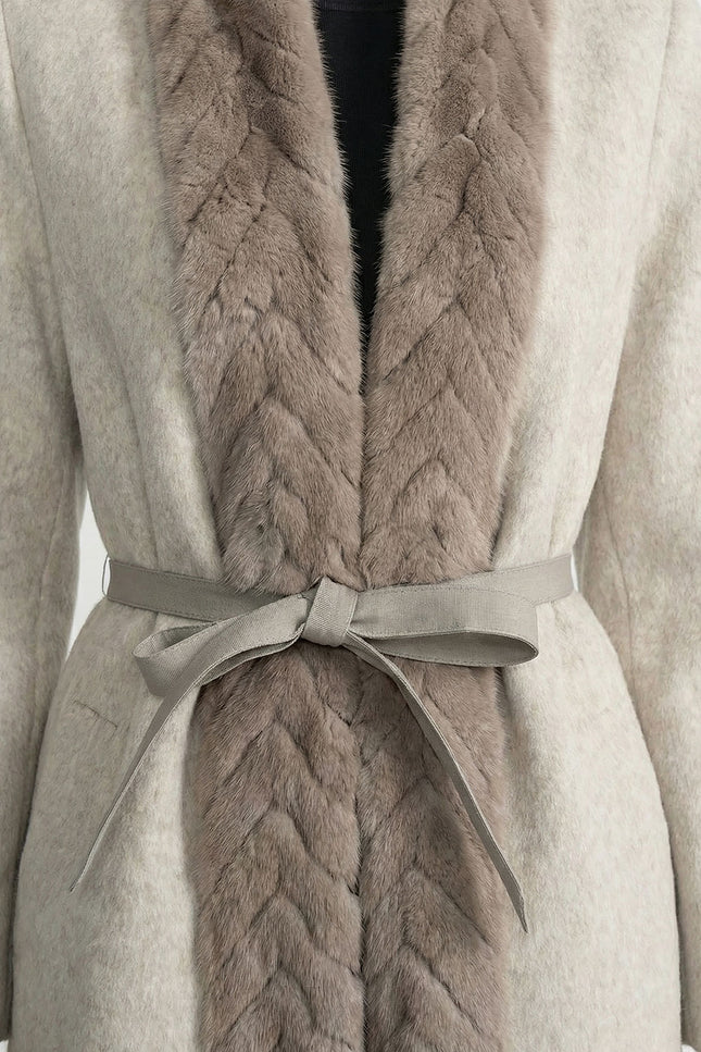 Séverine - Wool Blend Belted Coat with Textured Sable Fur Panel