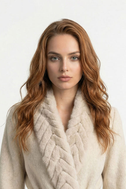 Séverine - Wool Blend Belted Coat with Textured Sable Fur Panel