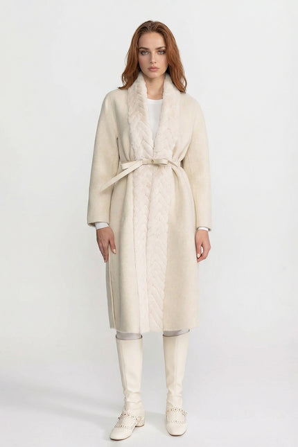 Séverine - Wool Blend Belted Coat with Textured Sable Fur Panel