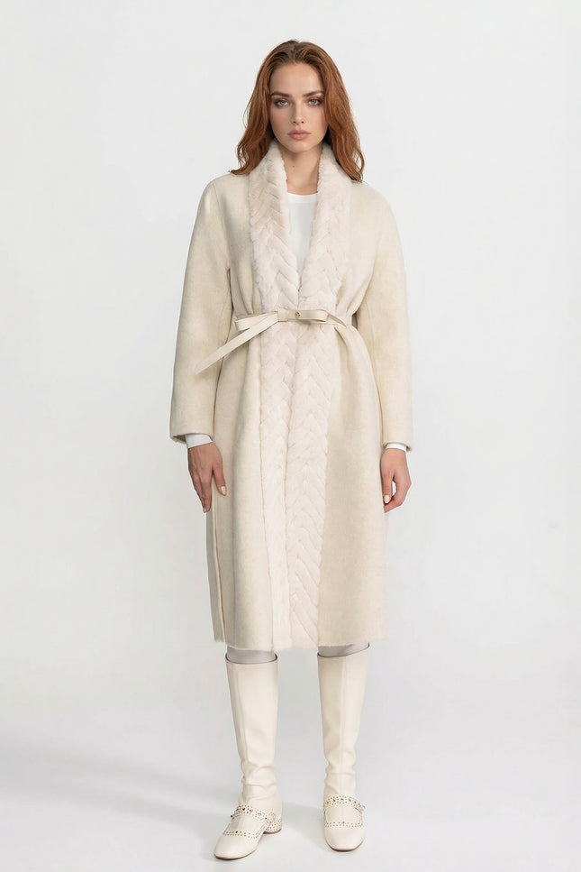 Séverine - Wool Blend Belted Coat with Textured Sable Fur Panel