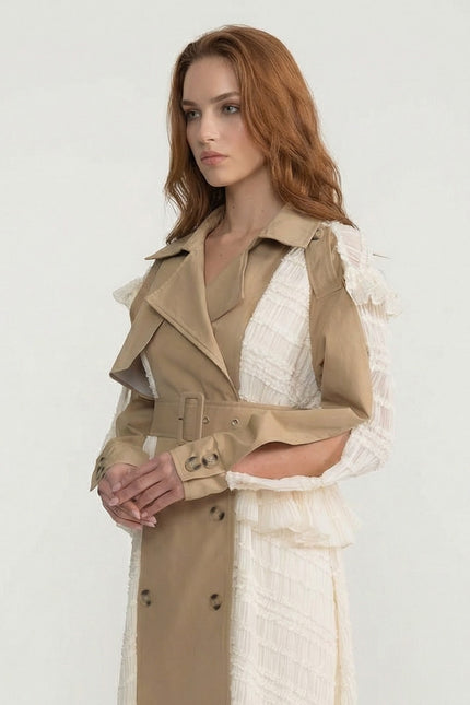 Silvana - Belted Longline Trench Coat with Lace Panel