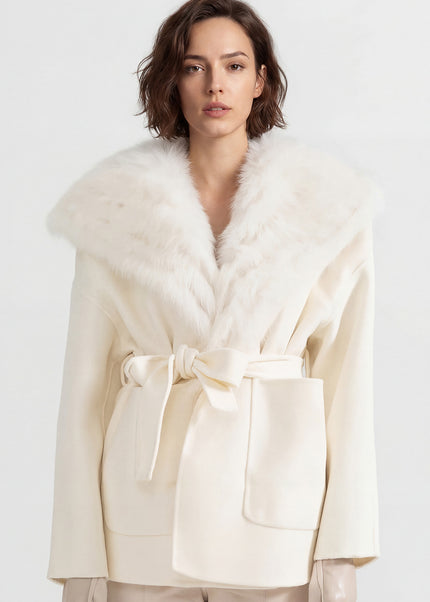Solène - Fur Collar Jacket with Oversized Hood and Waistband