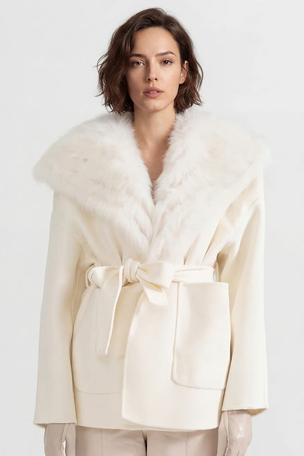Solène - Fur Collar Jacket with Oversized Hood and Waistband