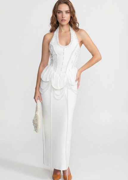 Sophie - Embellished Halter Maxi Dress with Gathered Peplum Detail
