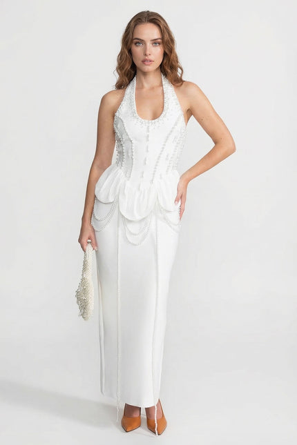 Sophie - Embellished Halter Maxi Dress with Gathered Peplum Detail