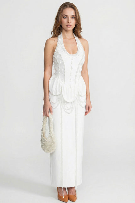 Sophie - Embellished Halter Maxi Dress with Gathered Peplum Detail