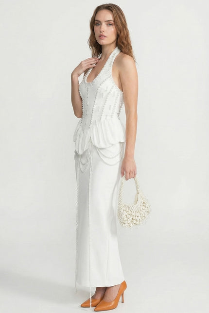 Sophie - Embellished Halter Maxi Dress with Gathered Peplum Detail