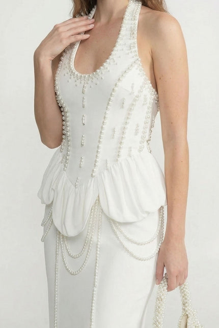 Sophie - Embellished Halter Maxi Dress with Gathered Peplum Detail