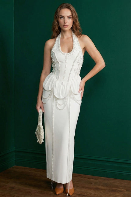 Sophie - Embellished Halter Maxi Dress with Gathered Peplum Detail