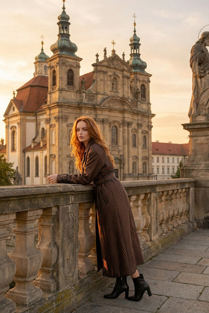 Svetlana - Jacquard Trench Coat with Statement Gold Buckle Belt
