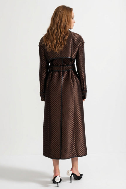 Svetlana - Jacquard Trench Coat with Statement Gold Buckle Belt
