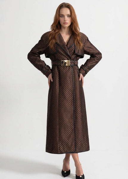 Svetlana - Jacquard Trench Coat with Statement Gold Buckle Belt