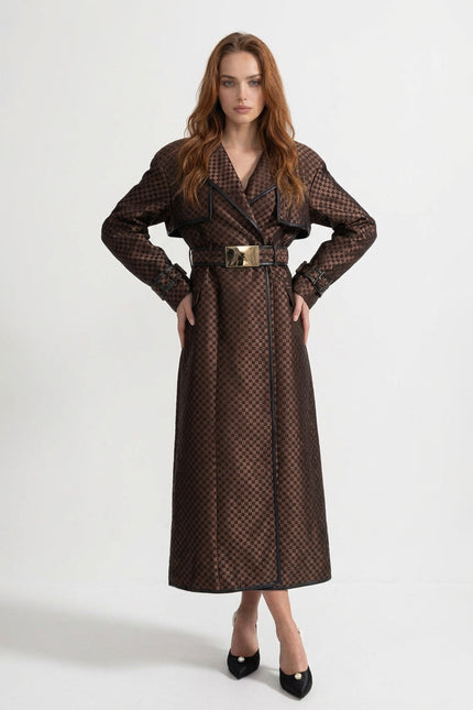 Svetlana - Jacquard Trench Coat with Statement Gold Buckle Belt