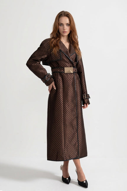Svetlana - Jacquard Trench Coat with Statement Gold Buckle Belt