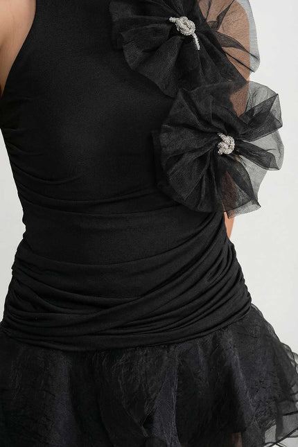 Sylvie - Ruffled Mini Dress with Tulle Appliqué