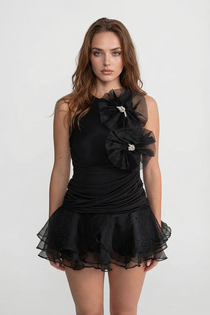 Sylvie - Ruffled Mini Dress with Tulle Appliqué