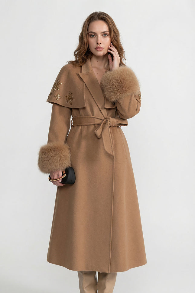 Thalassa - Embellished Wool Coat with Fox Fur Cuffs & Cape Overlay