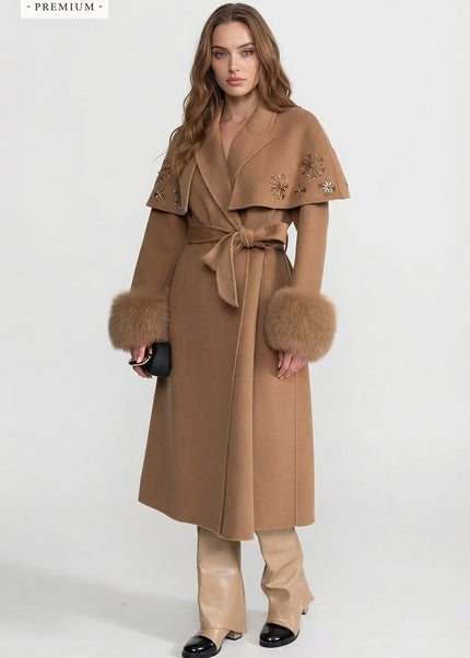 Thalassa - Embellished Wool Coat with Fox Fur Cuffs & Cape Overlay
