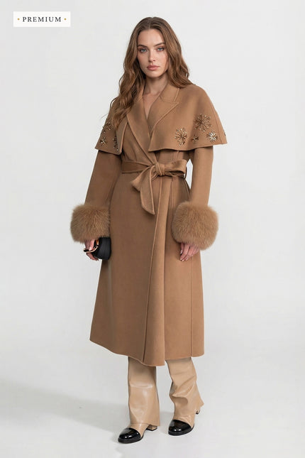 Thalassa - Embellished Wool Coat with Fox Fur Cuffs & Cape Overlay