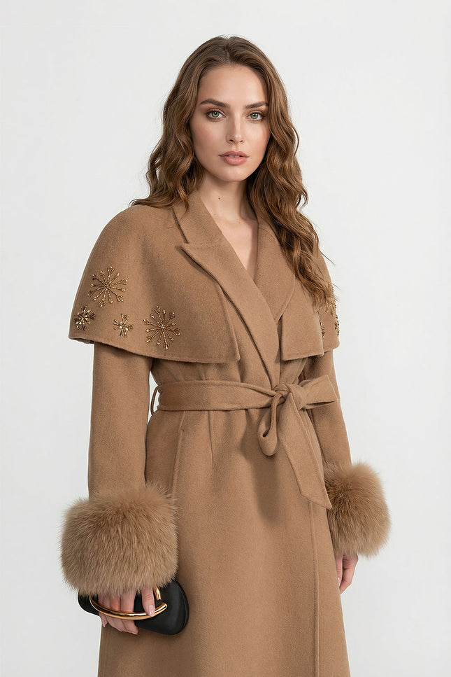 Thalassa - Embellished Wool Coat with Fox Fur Cuffs & Cape Overlay