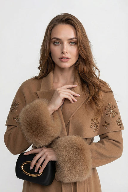 Thalassa - Embellished Wool Coat with Fox Fur Cuffs & Cape Overlay