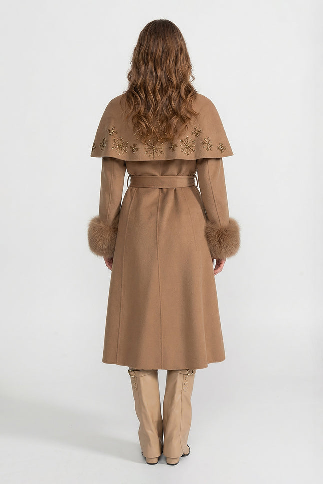 Thalassa - Embellished Wool Coat with Fox Fur Cuffs & Cape Overlay