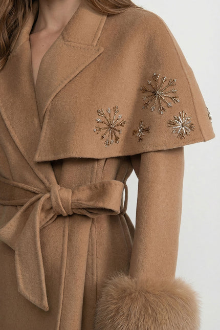 Thalassa - Embellished Wool Coat with Fox Fur Cuffs & Cape Overlay