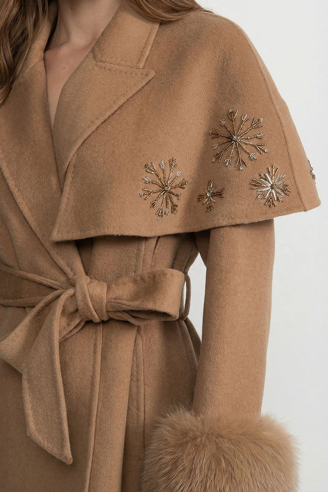 Thalassa - Embellished Wool Coat with Fox Fur Cuffs & Cape Overlay