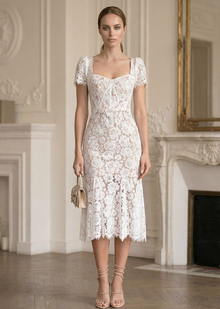 Théa - Delicate Lace Dress with Short Sleeves and Waist Belt